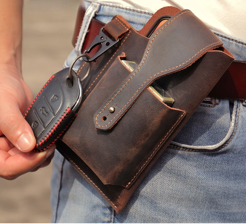 Edc Carry Belt Pouch - Crazy Horse Leather Phone Holster for